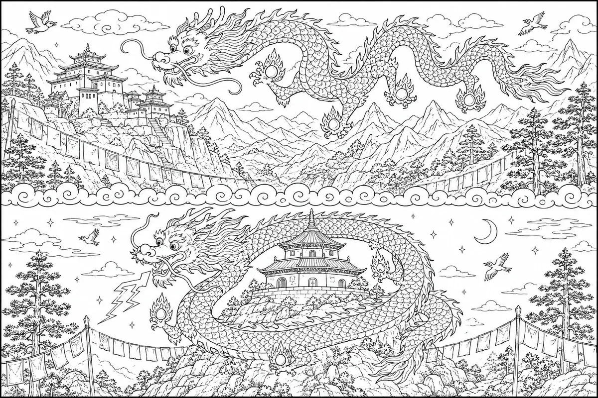 Diptychon mit Donnerdrachen Druk über Himalaya-Klöstern oben und um Tempelhügel unten