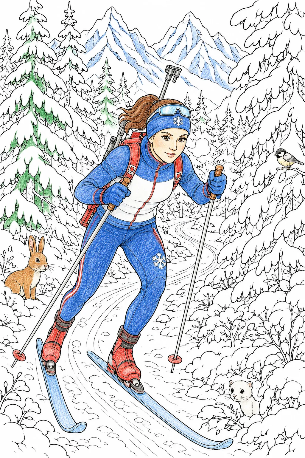 在深雪覆盖的高山森林中的冬季两项运动员
