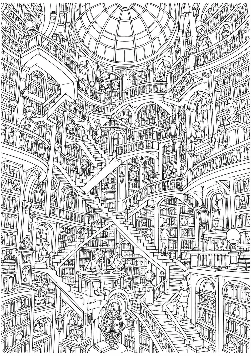 Ausmalvorlage: Unmögliches Bibliotheksinterieur mit spiralförmigen Bücherregalen, Galerien und Glaskuppel