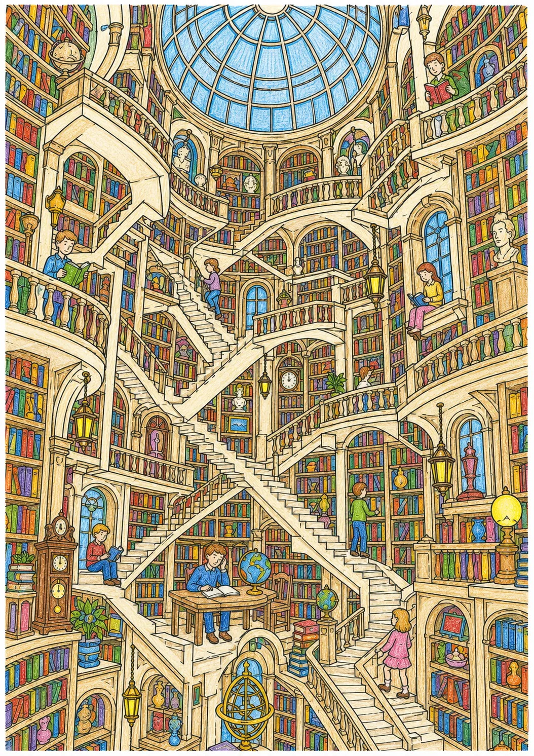 Bibliothek mit unendlichen Spiralbücherregalen