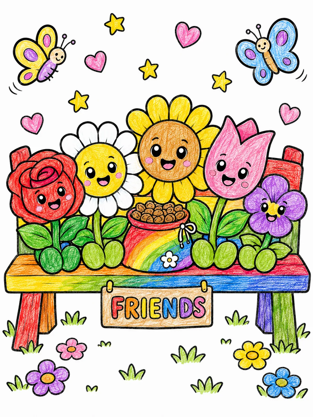Blumen auf der Freunde-Bank