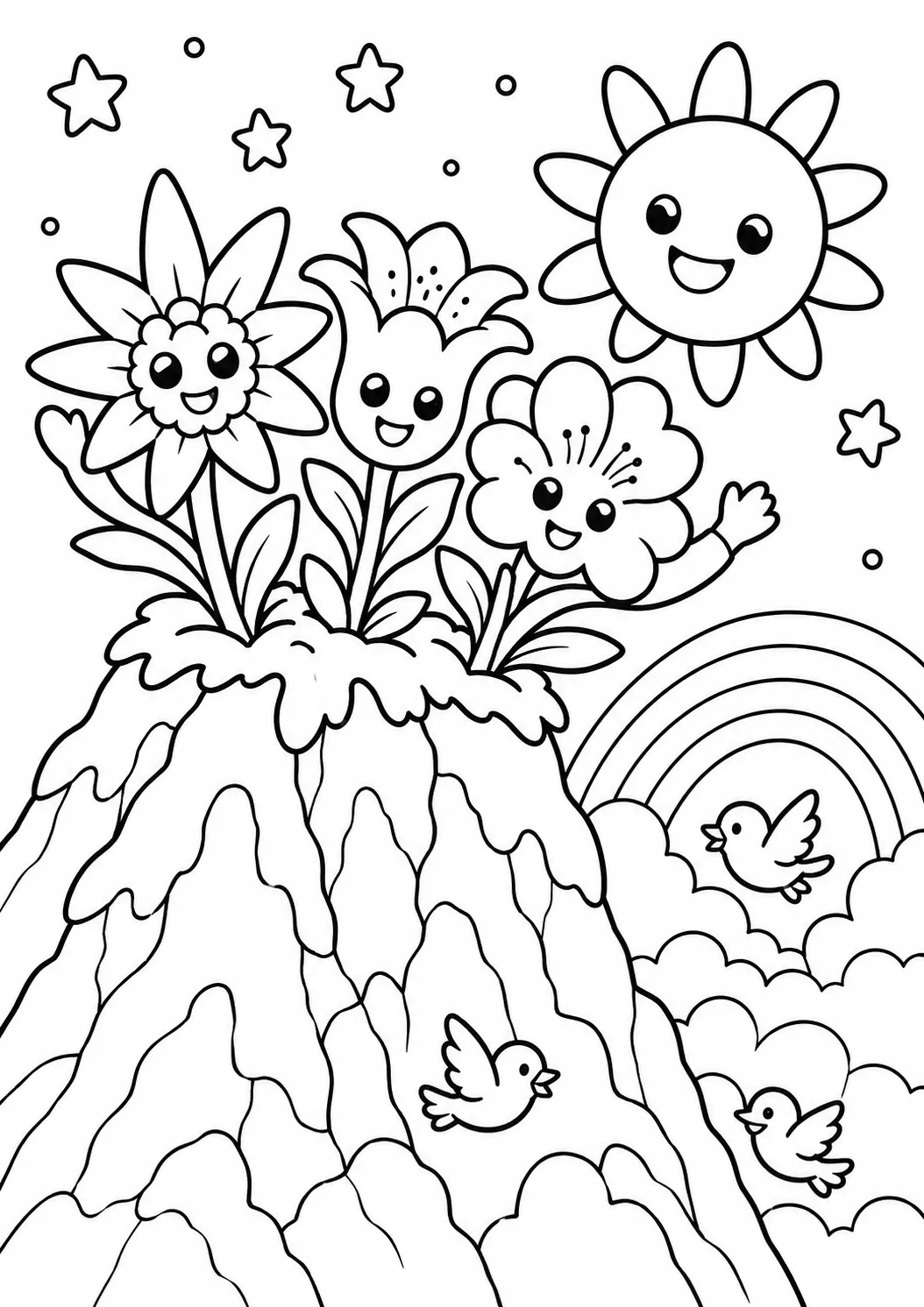 Drei tapfere Bergblumen wachsen auf einem Gipfel über den Wolken