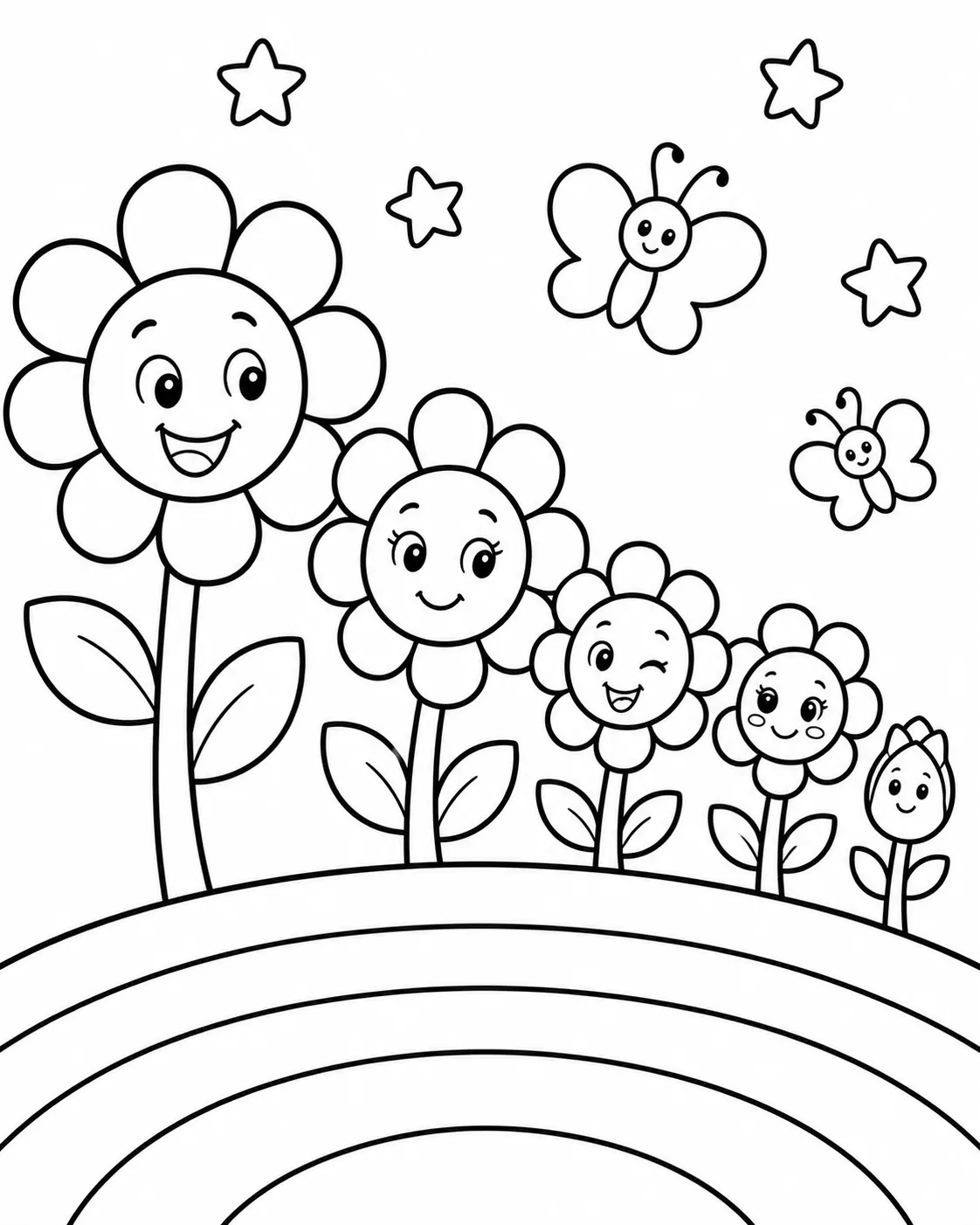 Regenbogen-Blumenfamilie mit Smiley-Gesichtern von groß bis klein