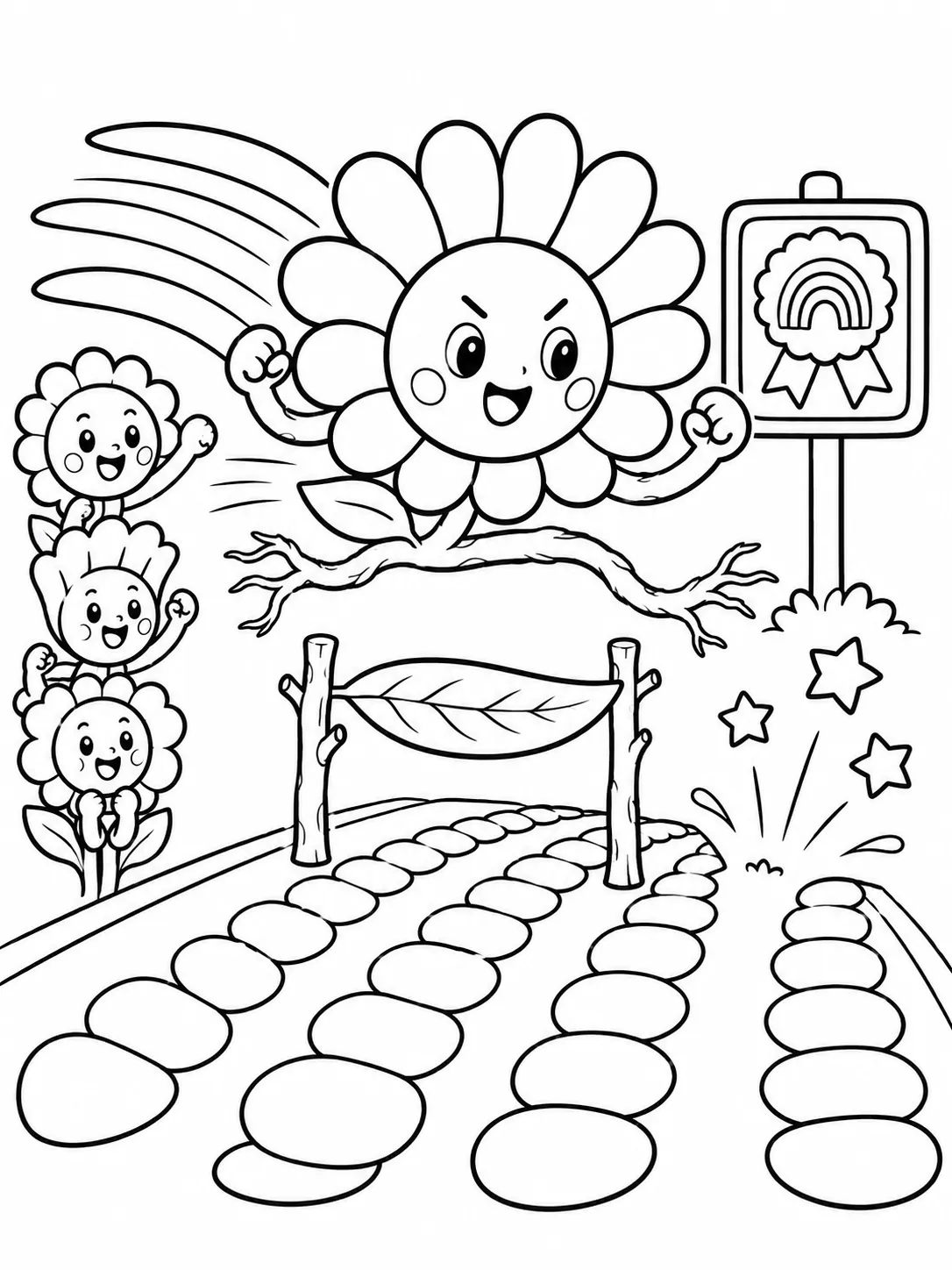 Runde Blume springt mit Wurzelbeinchen über eine Blatt-Hürde