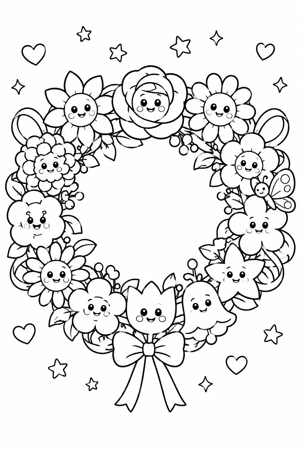Schöner Blumenkranz aus zwölf verschiedenen bunten Blüten mit Smiley-Gesichtern