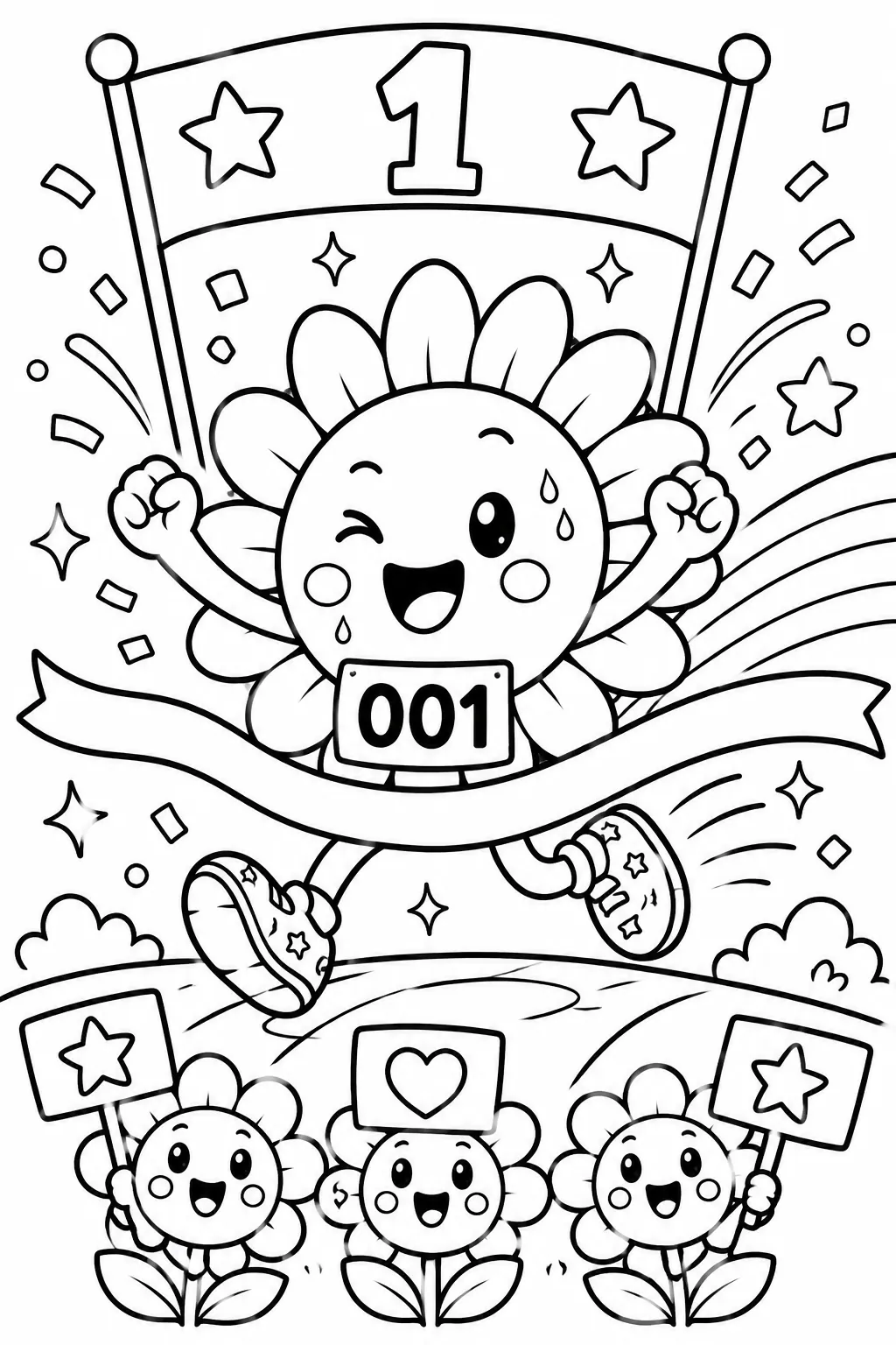 Runde Sonnenblume läuft auf Wurzelbeinchen einen Marathon