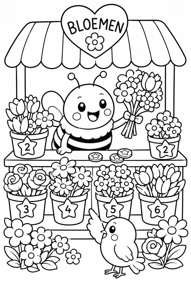 Der Blumen-Marktstand mit bunten Schildern