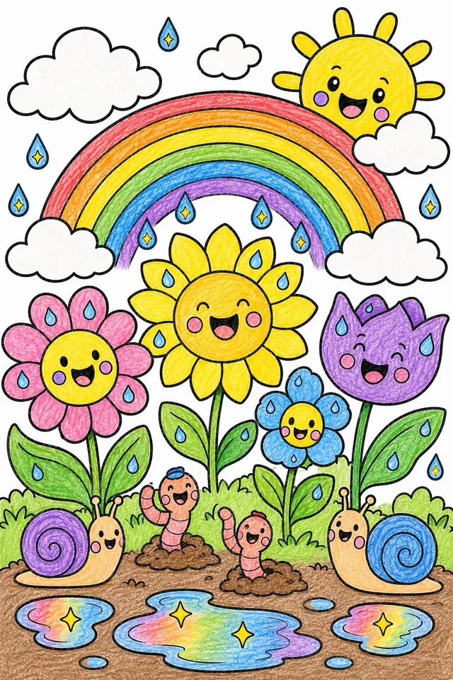 雨后的彩虹花朵 – 涂色效果预览