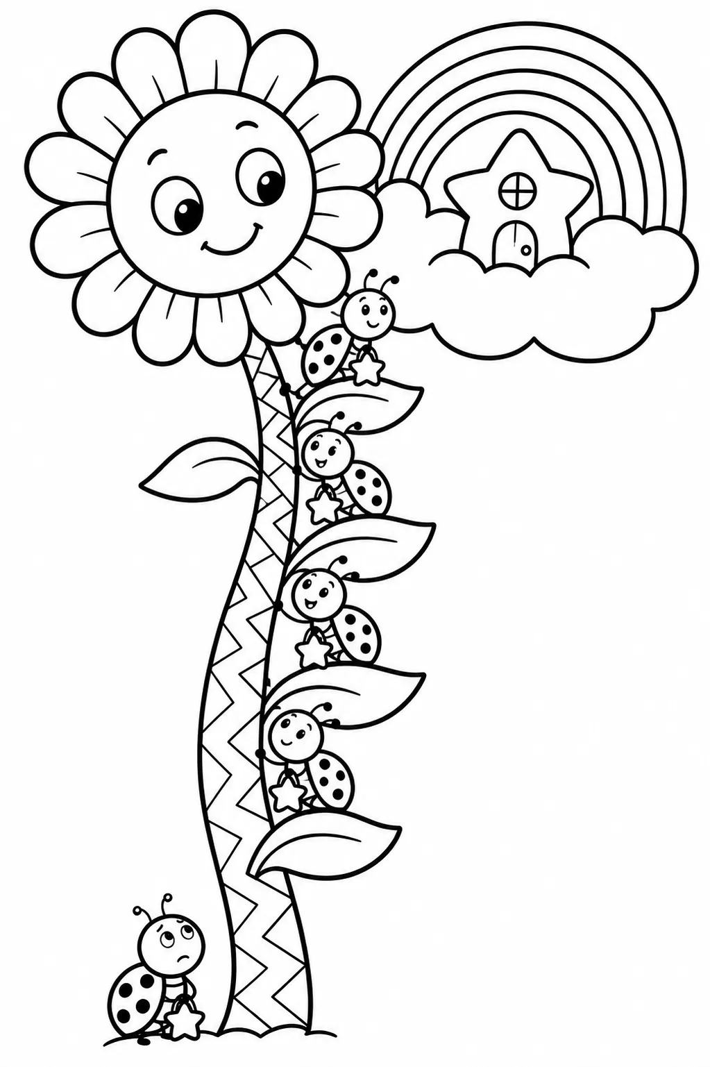 Riesensonnenblume mit kleinen Käfern die an ihrem Stiel zur Wolke klettern