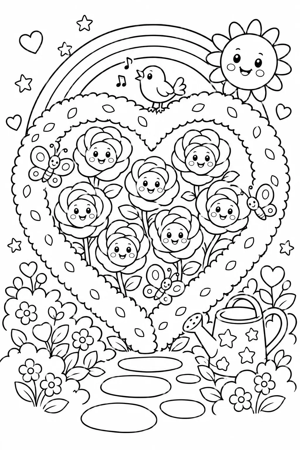 Rosengarten mit herzförmig gestutzter Hecke und bunten Rosen