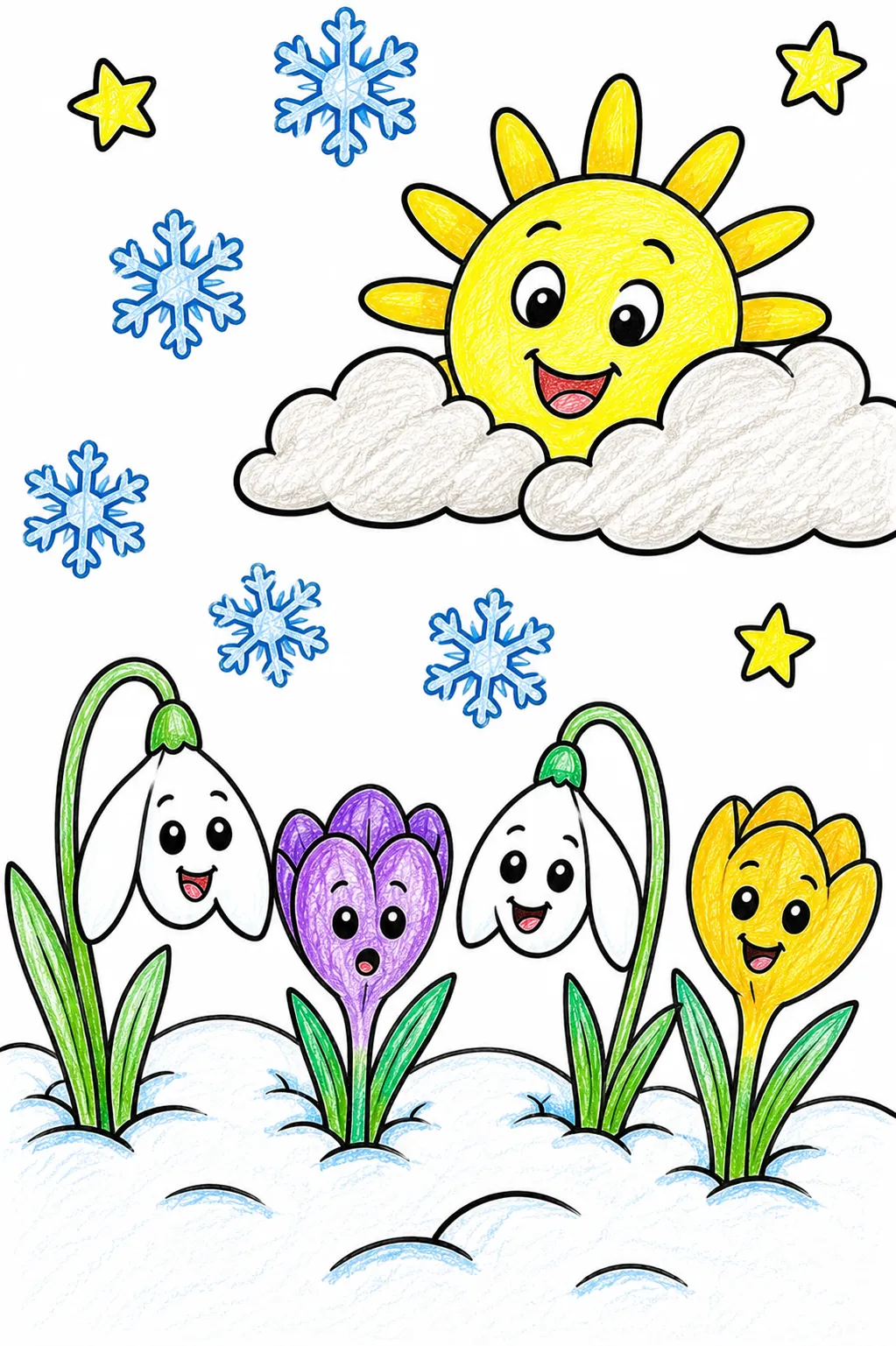 Die Frühlingsblumen brechen durch den Schnee