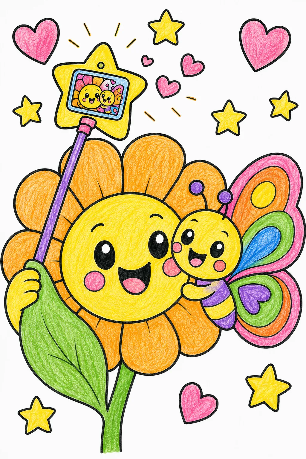 Die Blüte macht ein Selfie mit dem Schmetterling