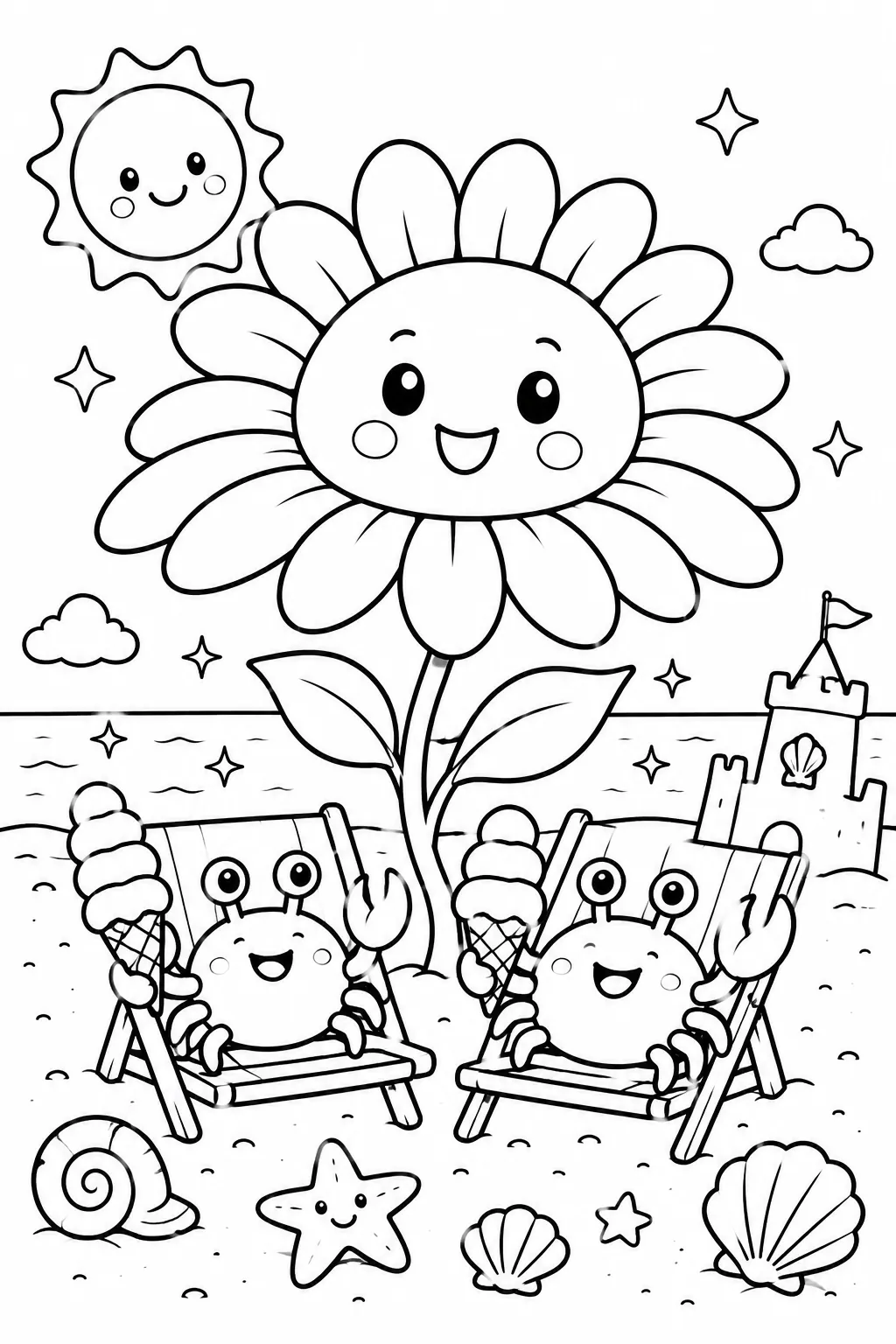 Runde Sonnenblume dient am Strand als Sonnenschirm für zwei Krabben