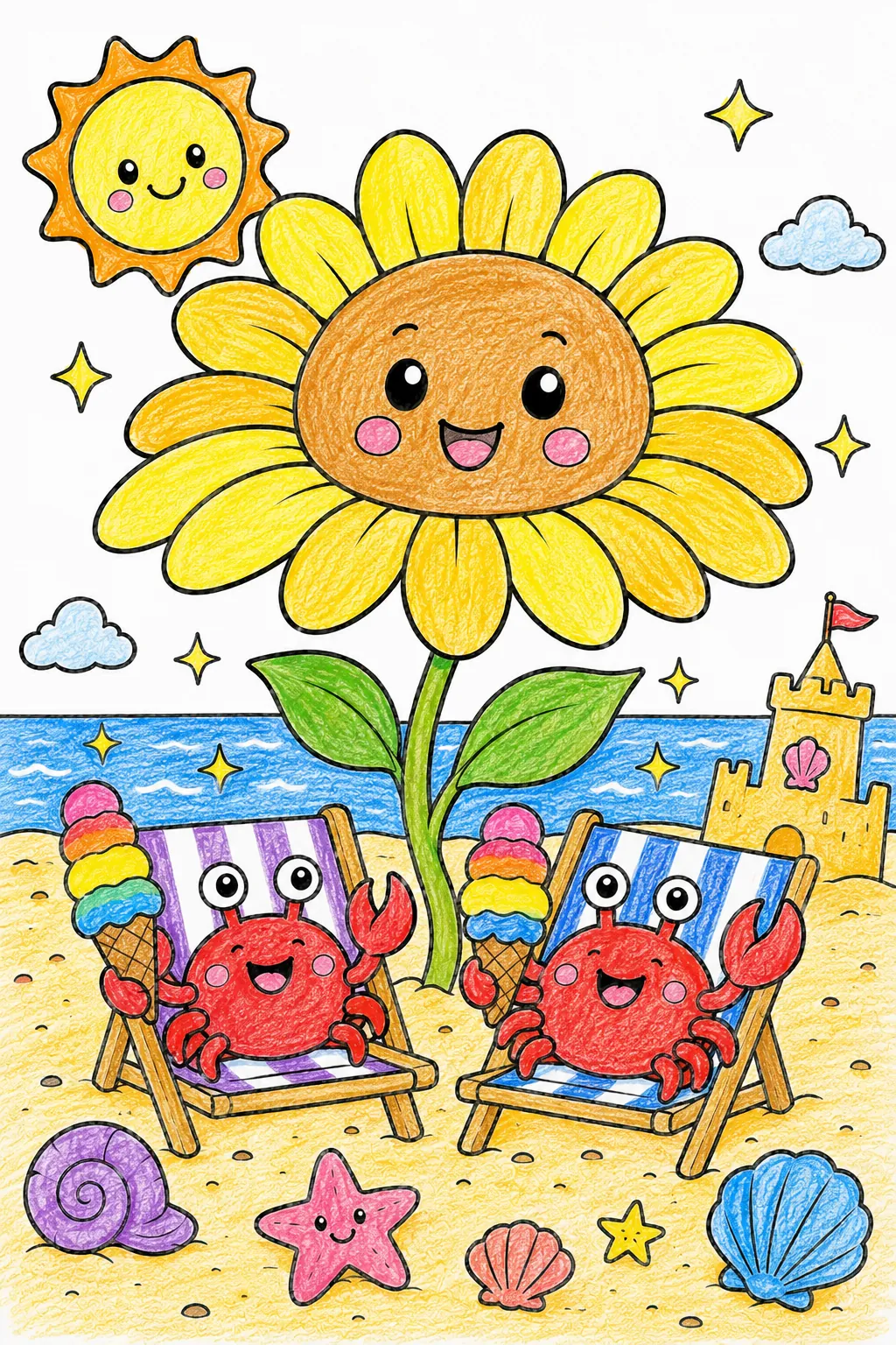 Die Sonnenblume als Sonnenschirm am Strand