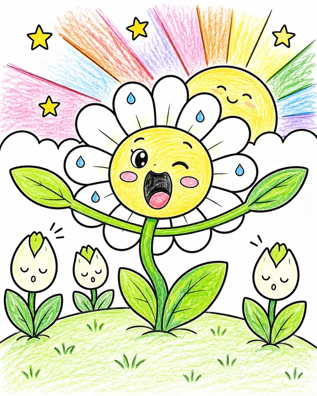 Runde Blume macht einen Morgen-Stretch mit Gähn-Lächeln und ausgestreckten Blättern