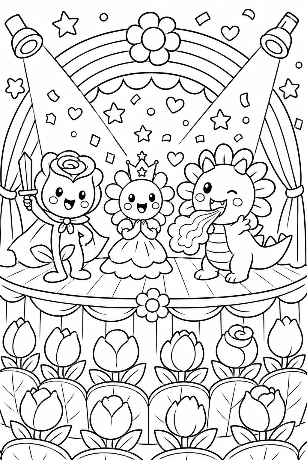 三朵花在有彩虹幕布的舞台上表演戏剧