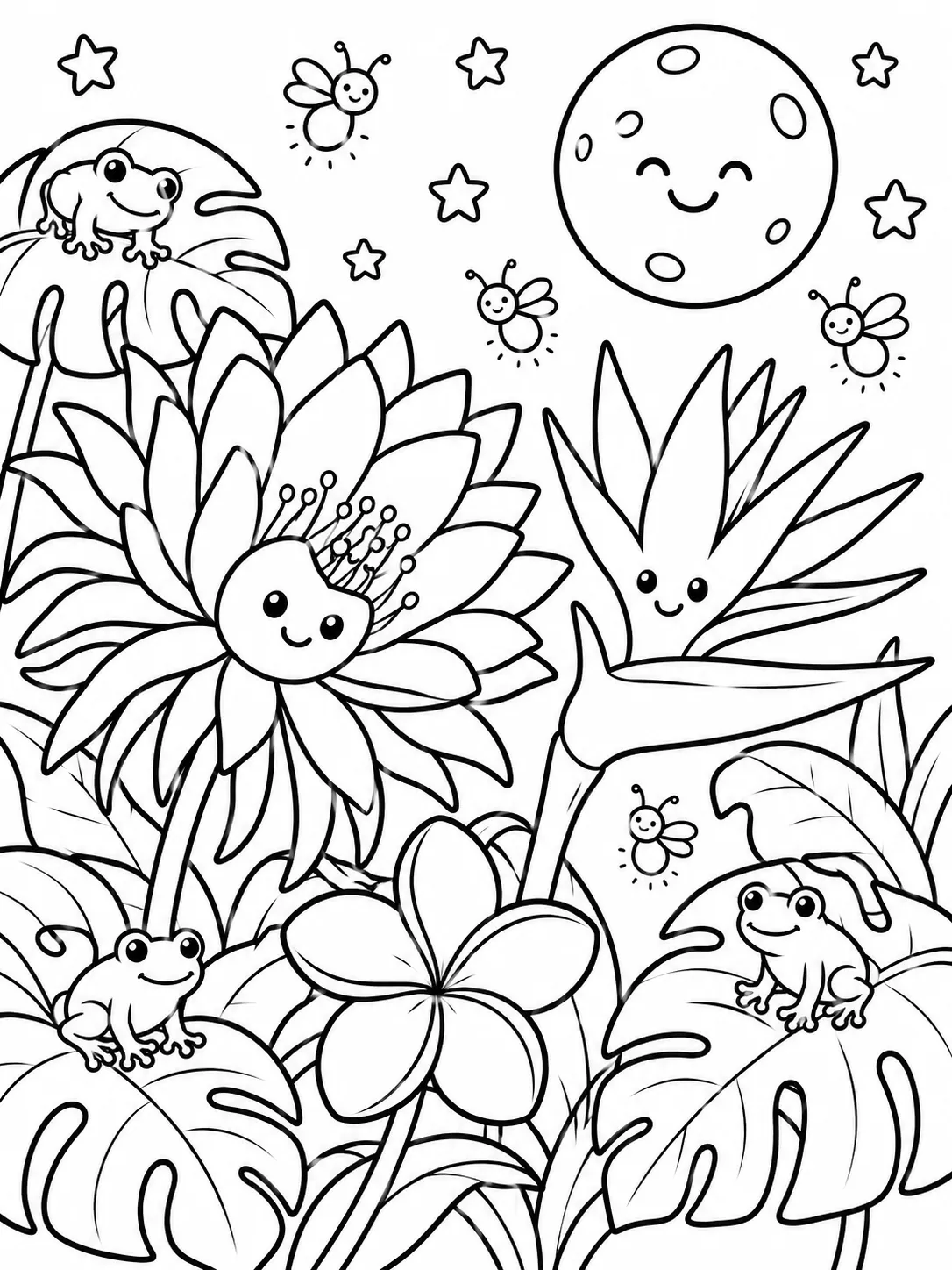 Leuchtende tropische Blüten in einer warmen Tropennacht