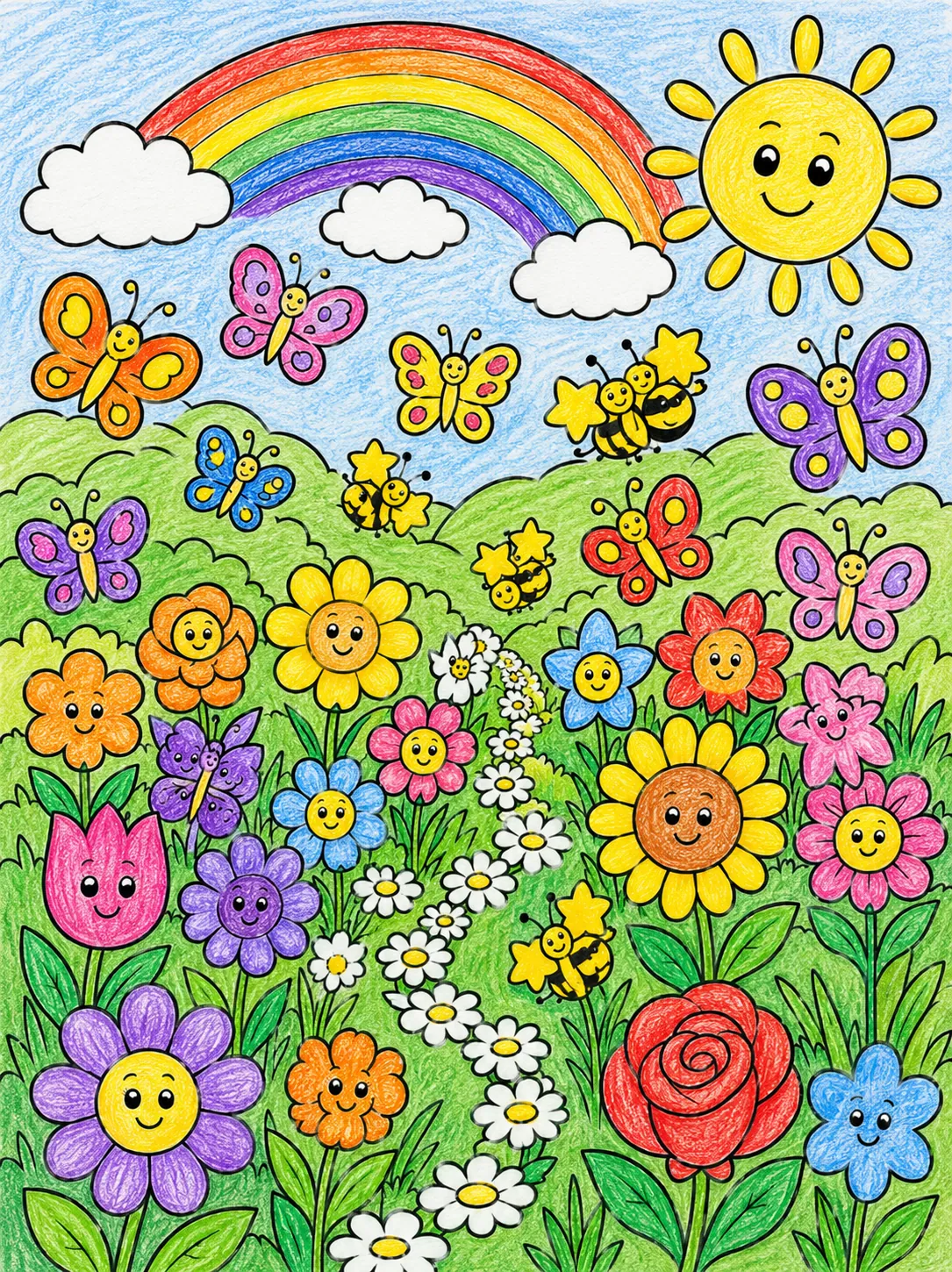Eine bunte Blumenwiese mit Schmetterlingen