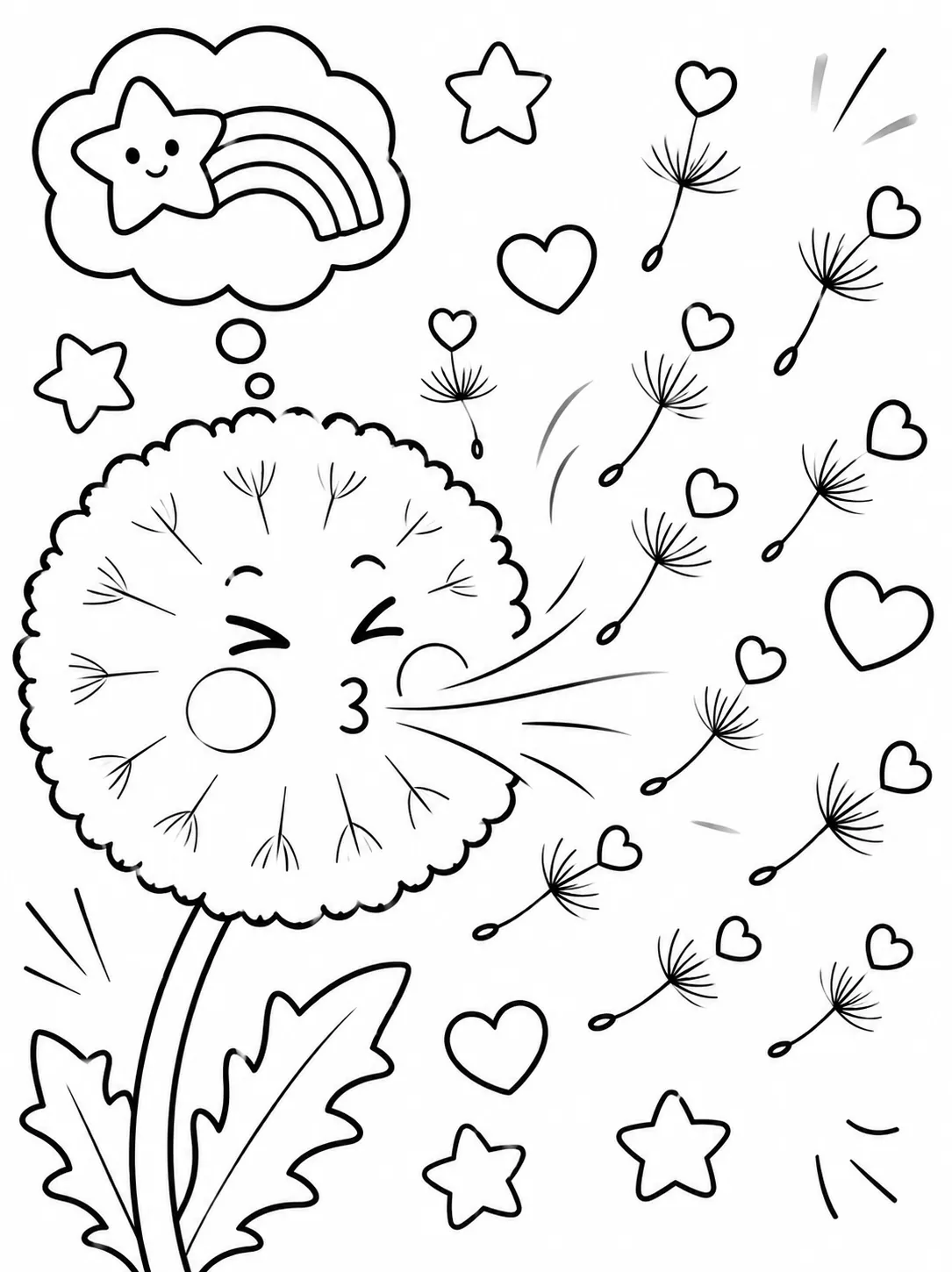 Runde Pusteblume wünscht sich etwas mit geschlossenen Augen