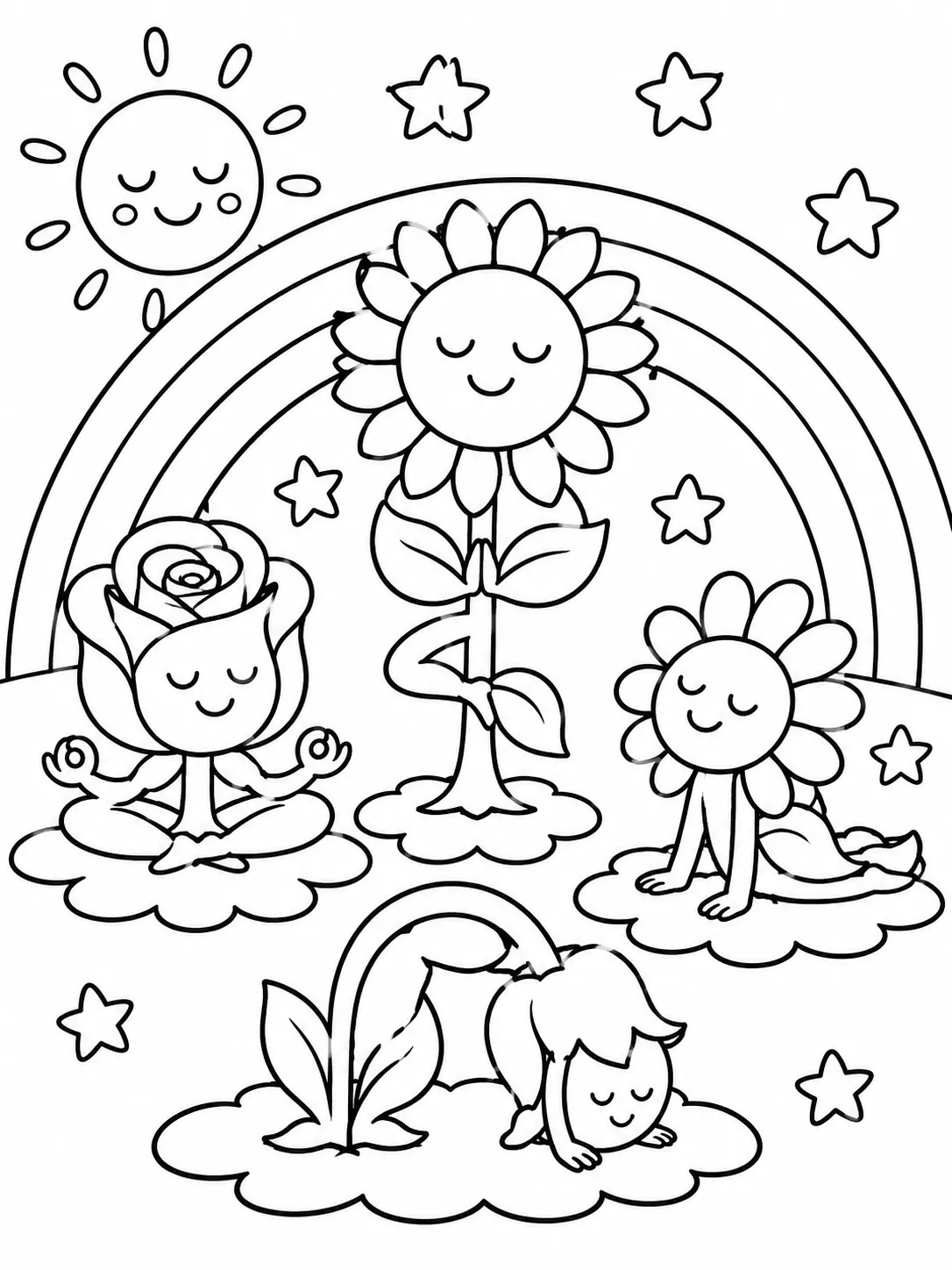 Vier verschiedene Blumen machen gemeinsam Yoga auf Blütenblatt-Matten