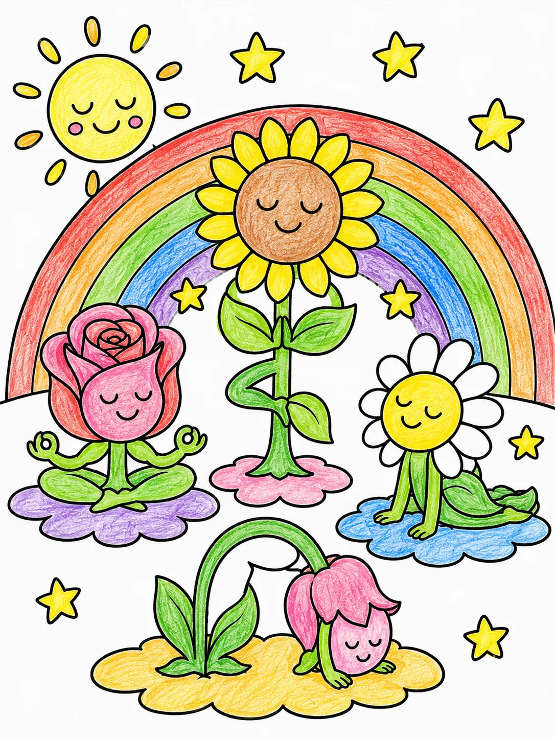 Die Blumen machen gemeinsam Yoga