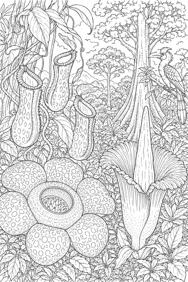 बोर्नियो – Rafflesia arnoldii / Nepenthes rajah / Dipterocarpus / Amorphophallus titanum / बोर्नियो वनस्पति