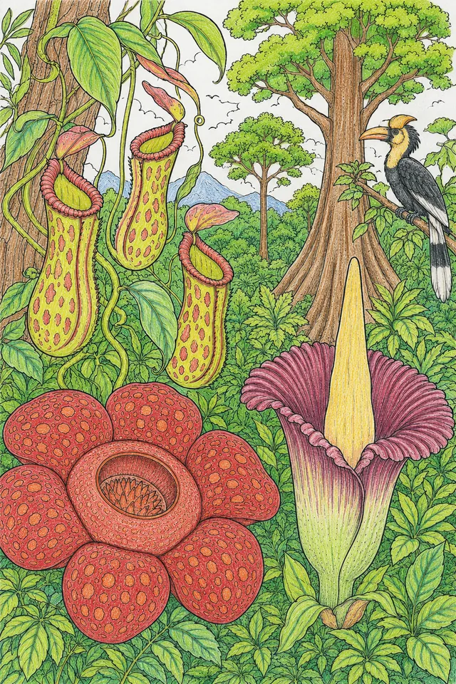 Borneo: Rafflesia brick-red warty / Nepenthes jar lid rim / Dipterocarpus two wings / Amorphophallus spadix spathe / Shorea plank buttress