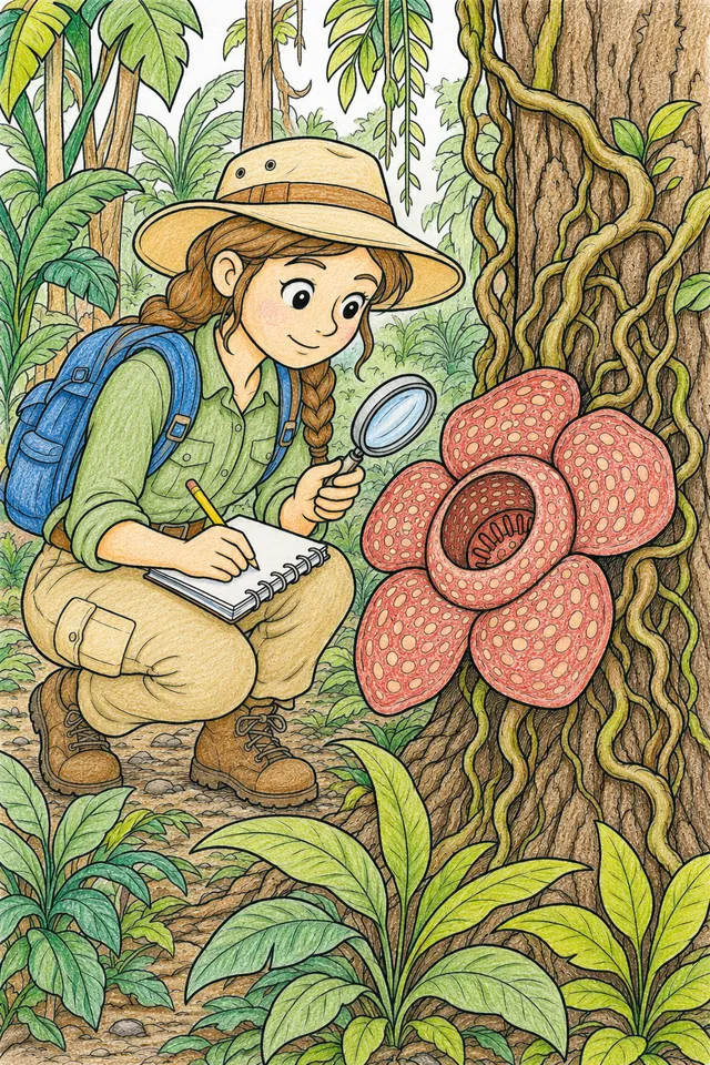 涂色页：戴帽子的女植物学家在雨林中用放大镜和野外笔记本检查寄主树上的寄生植物