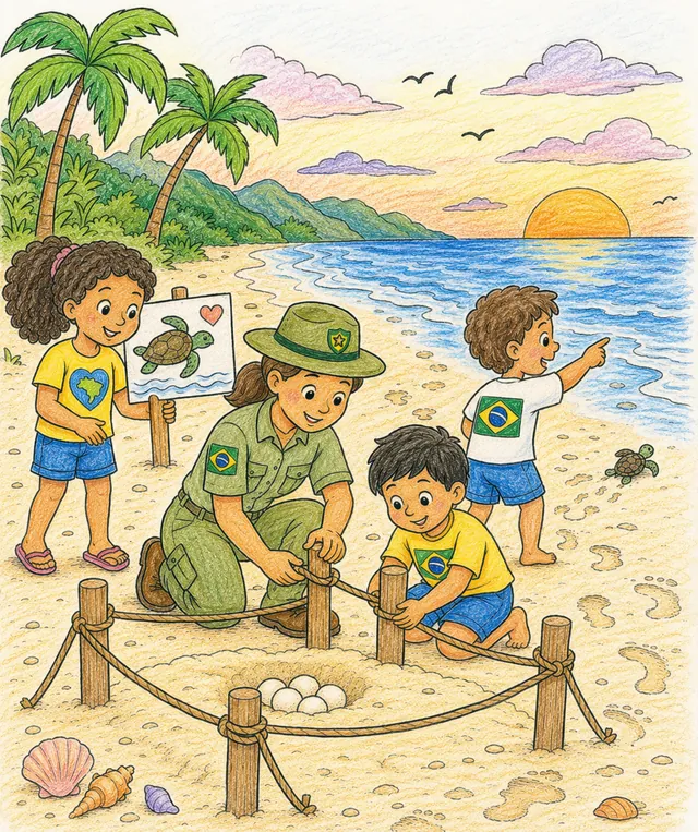 Brasilianische Kinder schützen Meeresschildkröten-Nester am Abendstrand mit Schutzzaun und Schildern