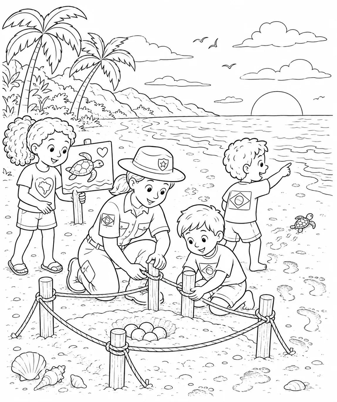 Brasilianische Kinder schützen Meeresschildkröten-Nester am Abendstrand mit Schutzzaun und Schildern