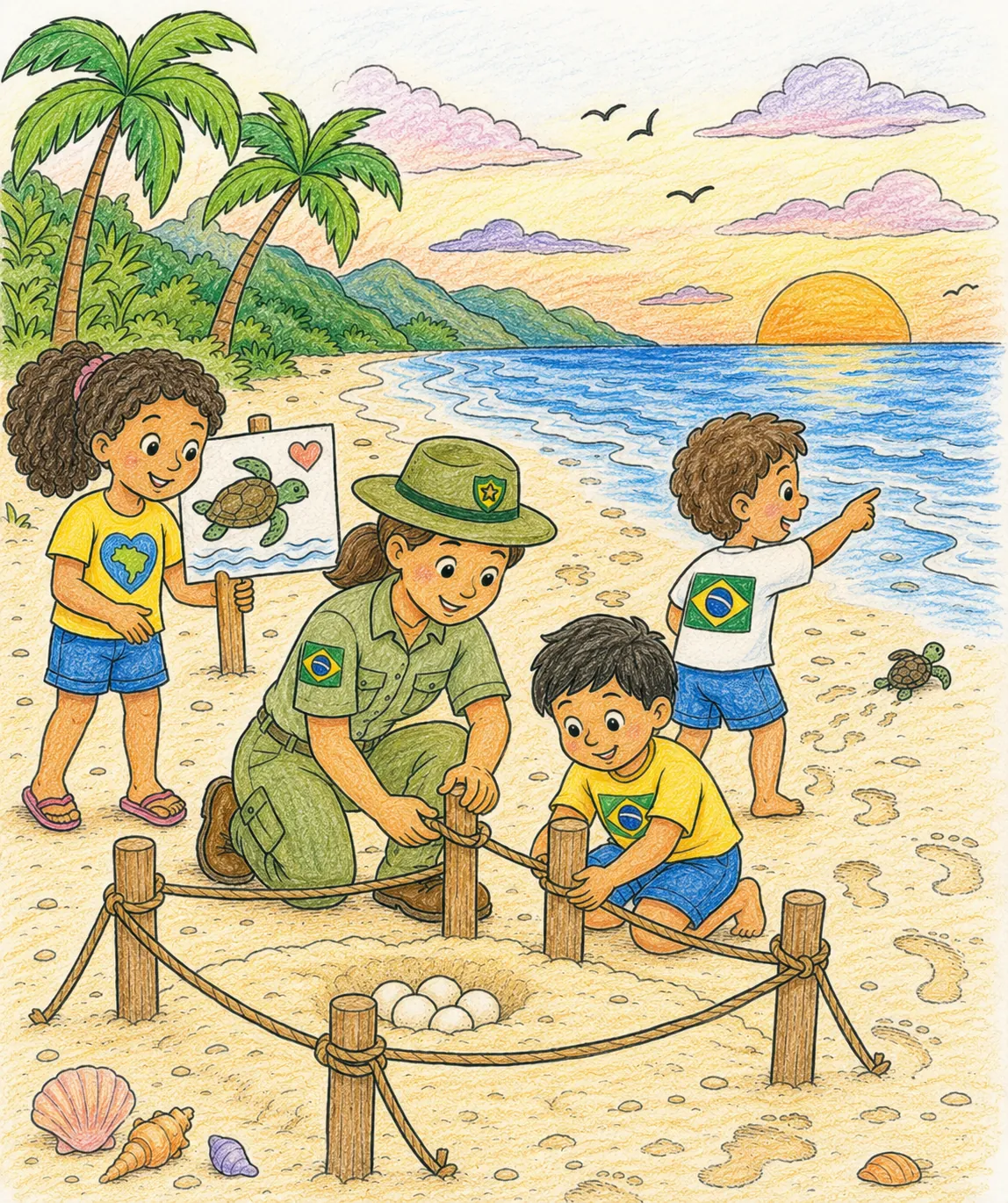 Brasilianische Kinder schützen Meeresschildkröten-Nester am Strand mit Naturschutzschildern