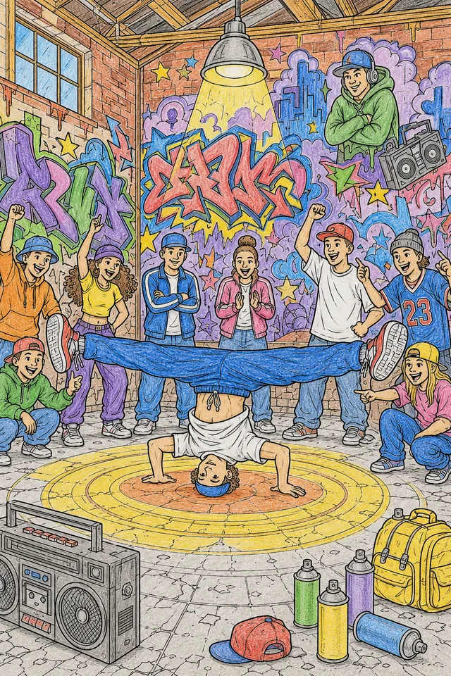 Breakdancer führt einen Headspin in einer Graffiti-Halle aus – So könnte es aussehen