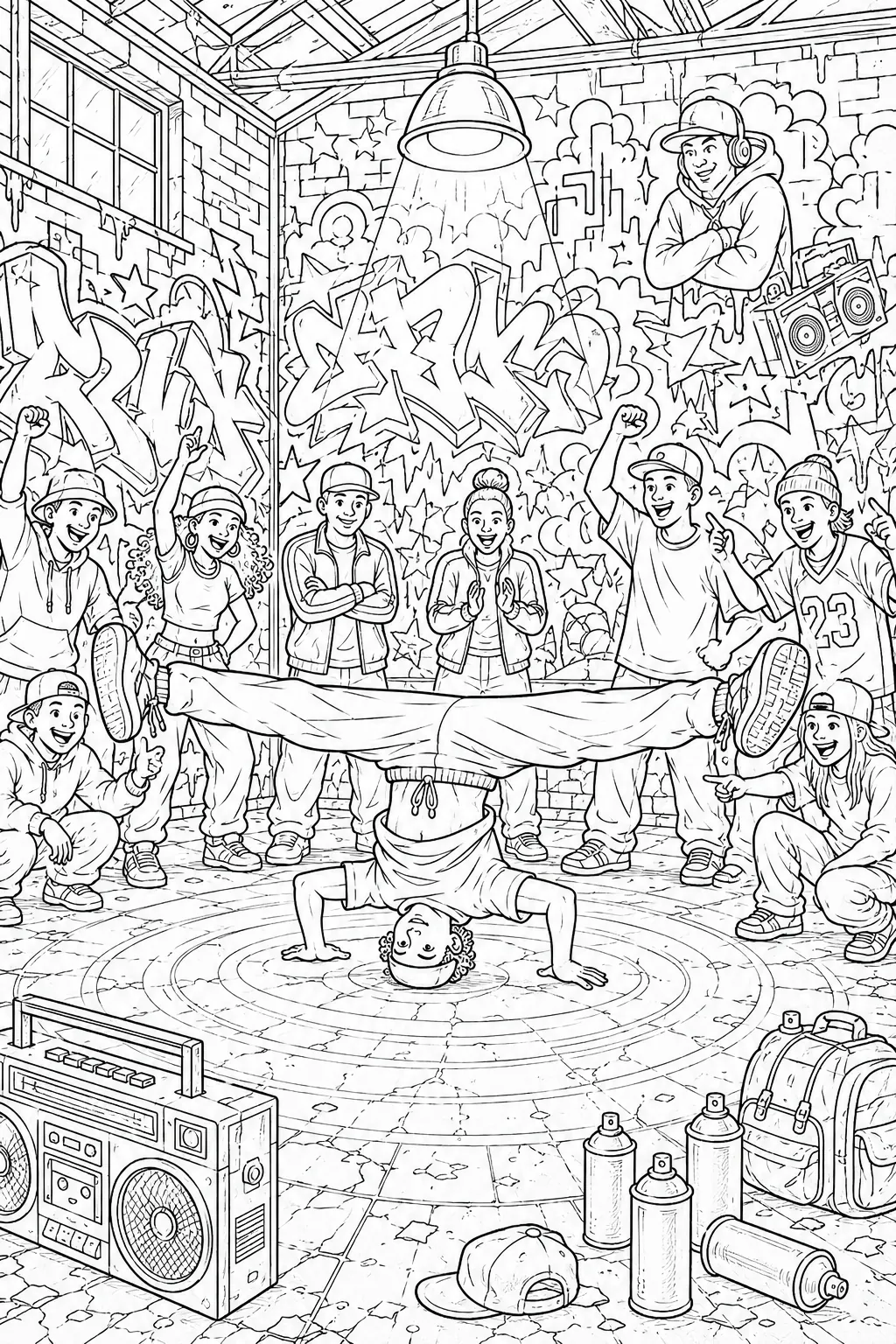 Breakdancer im Headspin mit gespreizten Beinen in Graffiti-bedeckter urbaner Halle mit jubelnden Zuschauern