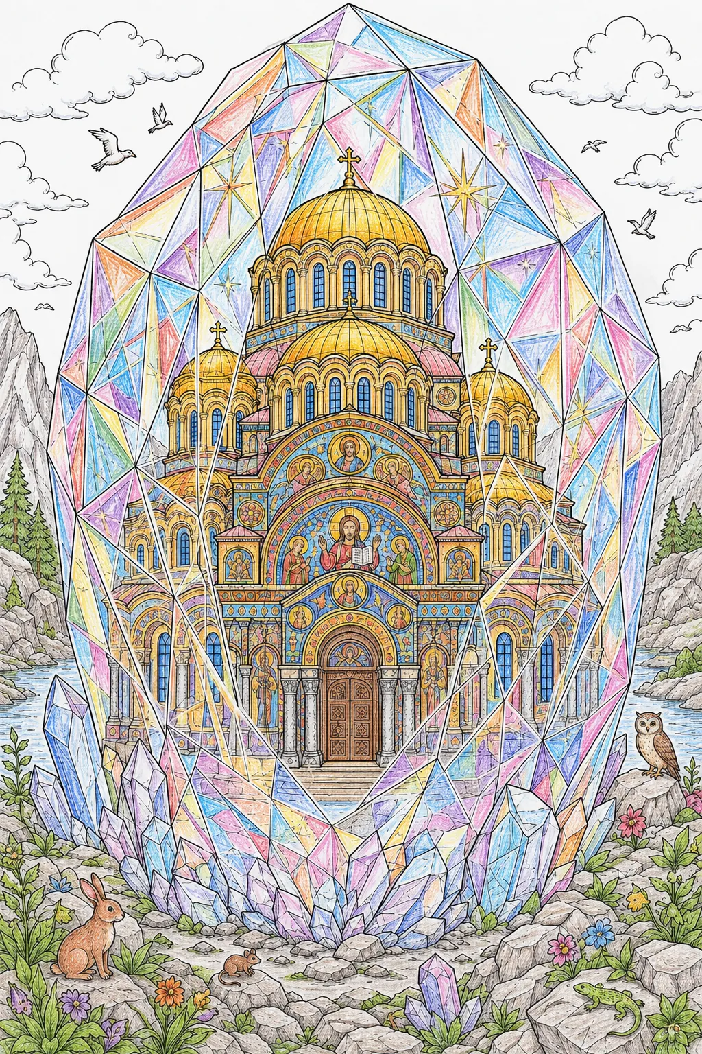 Byzantinische Kirche eingeschlossen in einem riesigen Kristall