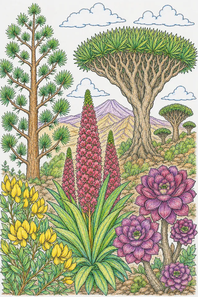 Canary Islands: Echium tower crimson / Dracaena umbrella sword / Pinus long needles / Lotus beak scarlet / Aeonium flat rosette