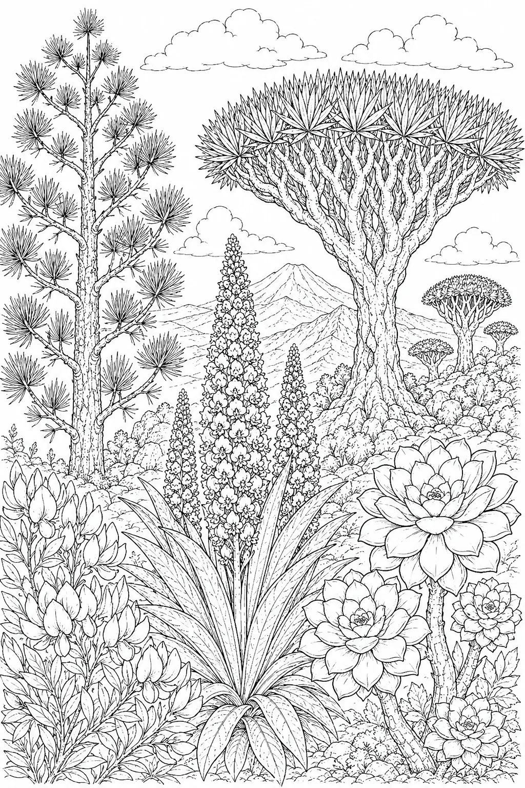 Canary Islands: Echium tower crimson / Dracaena umbrella sword / Pinus long needles / Lotus beak scarlet / Aeonium flat rosette