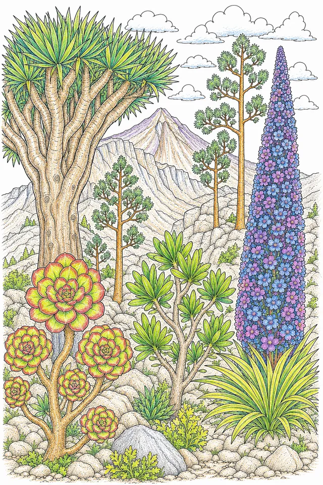 Canary Islands: Dragon Tree enormous umbrella dichotomous sword leaves / Echium red towering conical dense tubular stamens / Pine tall drooping needles fascicles / Kleinia candelabra succulent glaucous yellow / Aeonium woody rosette dark