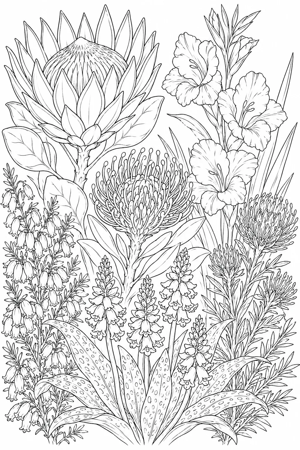 Cape Fynbos: King Protea bowl bracts spoon-shaped cream pink / Erica curved coral orange dense clusters / Lachenalia bicoloured yellow red tubular / Gladiolus soft pink white honey-guide / Leucospermum pincushion orange protruding styles