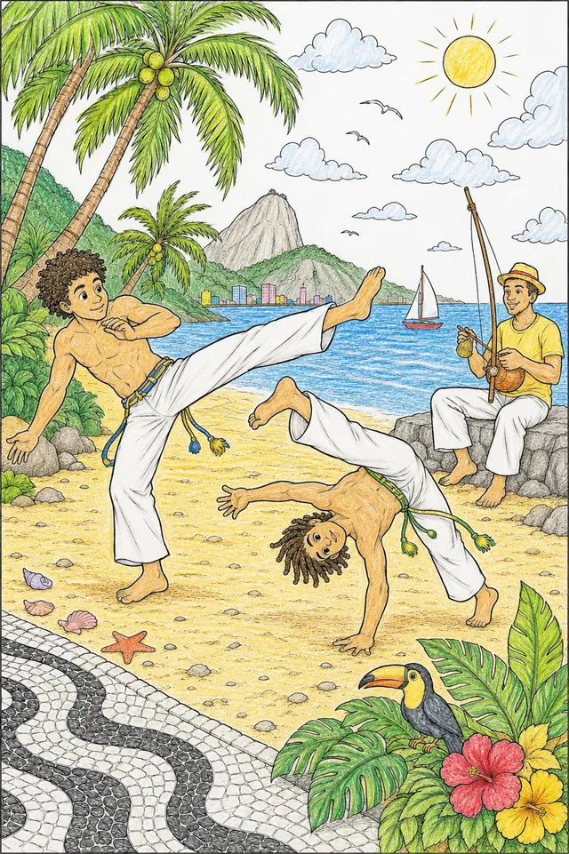 Capoeira-Duo in weißen Hosen führt akrobatische Kicks und Ausweichbewegungen am Strand aus, Berimbau-Spieler im Hintergrund