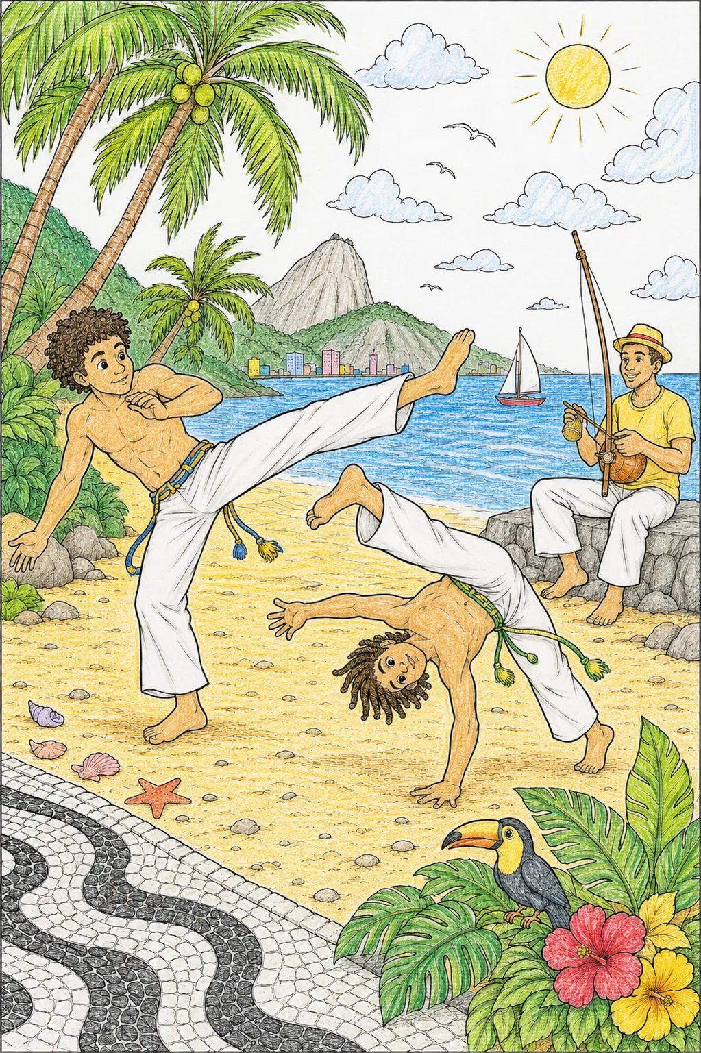 Capoeira-Duo tanzt und kämpft am Strand von Brasilien