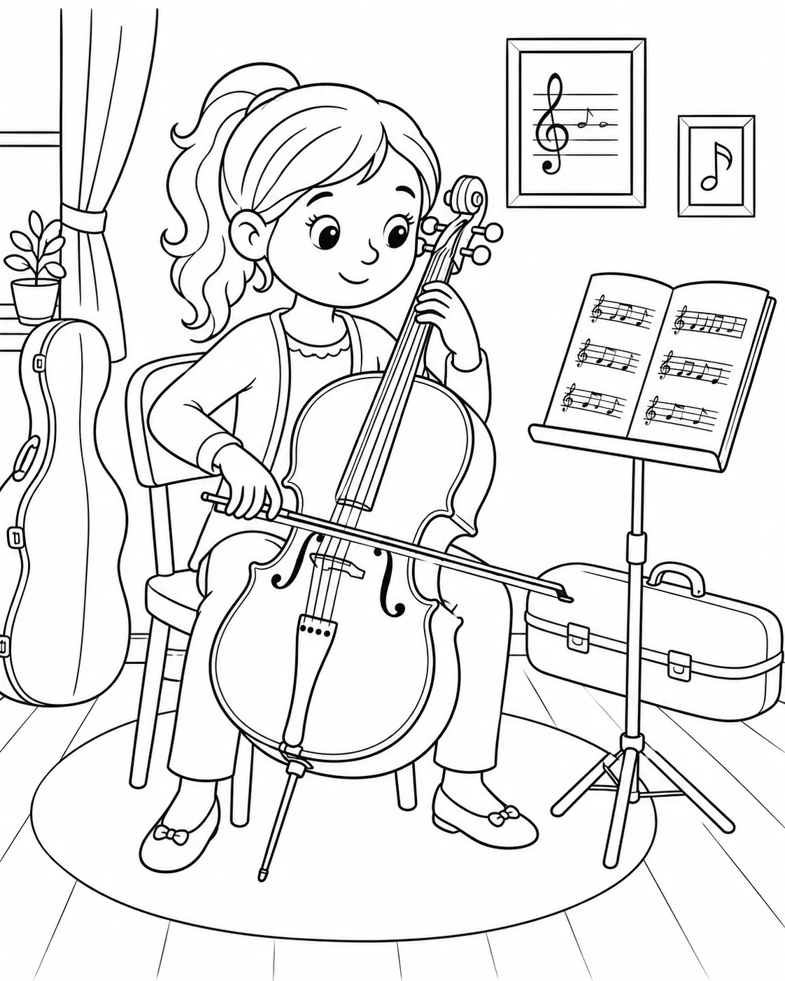 Ausmalbild: Cellistin spielt mit Bogen auf Cello im Probenraum mit Notenständer