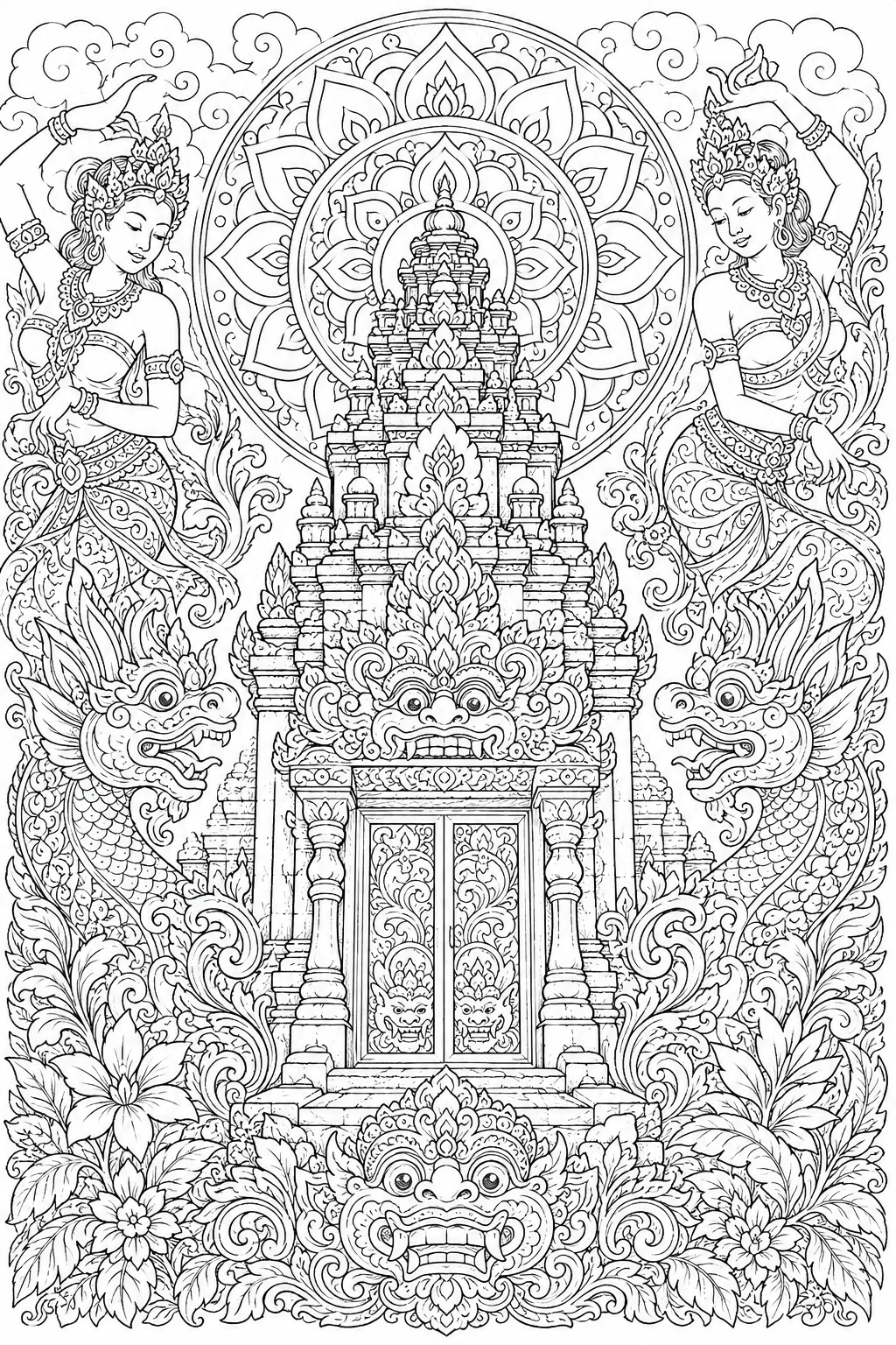 Mandala Champa: linga three-tier / apsara crown mudra / flame scroll / tower blind niches / Kala doorway