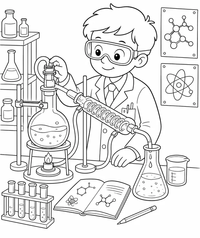 Chemiker am Destillationsapparat mit farbigen Flüssigkeiten