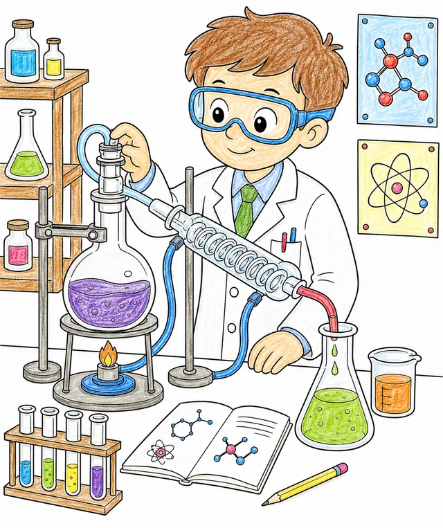 Ausmalseite: Chemiker mit Schutzbrille bedient einen Glasdestillationsapparat mit Bunsenbrenner