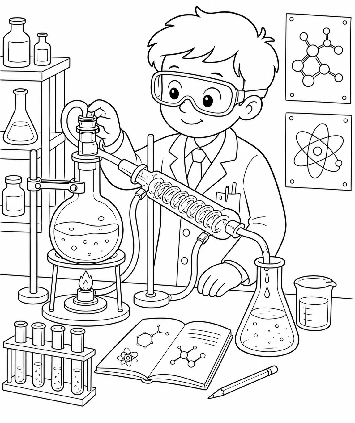 Ausmalseite: Chemiker mit Schutzbrille bedient einen Glasdestillationsapparat mit Bunsenbrenner