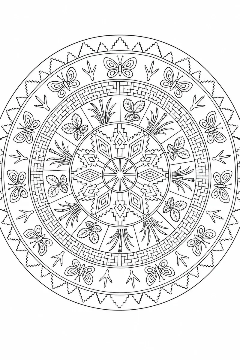 Symmetrisches Cherokee-Flechtkorb-Mandala mit Diamantmustern, Erdbeerblättern, Flussrohrhalmen und Schmetterlingen