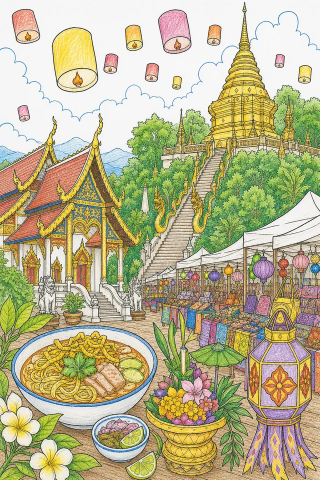 Chiang Mai cozy: Doi Suthep golden multi-tiered Chofa Lanna Chedi tapering gilded mosaic Naga railings / Night Bazaar colourful stalls lanterns silk fruit / Khao Soi curry broth crispy noodles lime / Lanna temple multi-roofed Naga Chofa gilded moat walls / Yi Peng thousands orange lanterns dark tropical sky