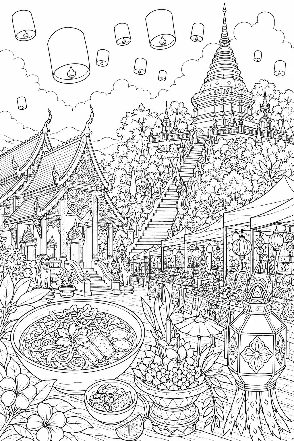 Chiang Mai cozy: Doi Suthep golden multi-tiered Chofa Lanna Chedi tapering gilded mosaic Naga railings / Night Bazaar colourful stalls lanterns silk fruit / Khao Soi curry broth crispy noodles lime / Lanna temple multi-roofed Naga Chofa gilded moat walls / Yi Peng thousands orange lanterns dark tropical sky