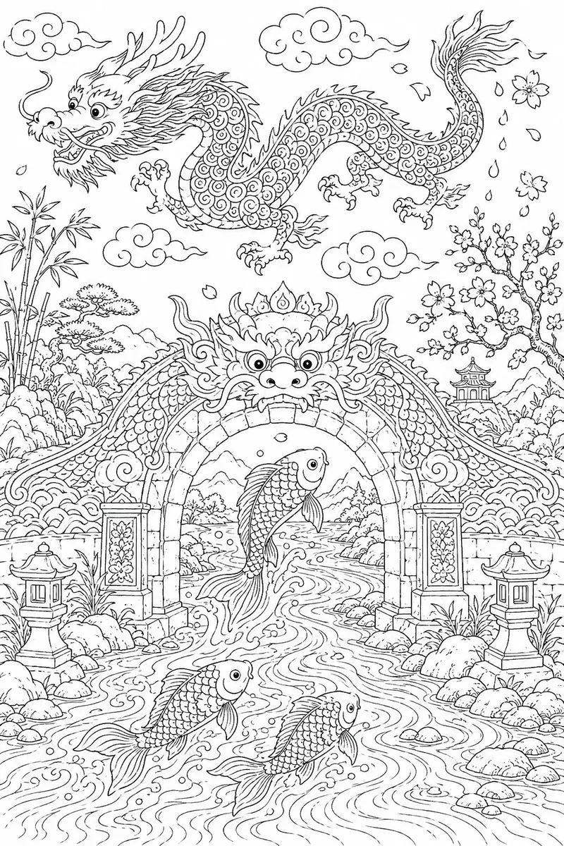 Diptychon mit drei Koi am Drachentor unten und verwandeltem chinesischem Drachen oben