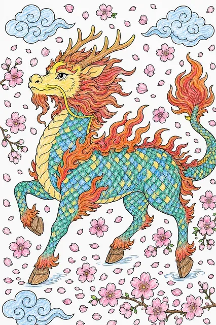 Ausmalbild des chinesischen Qilins im Kirschblütenregen
